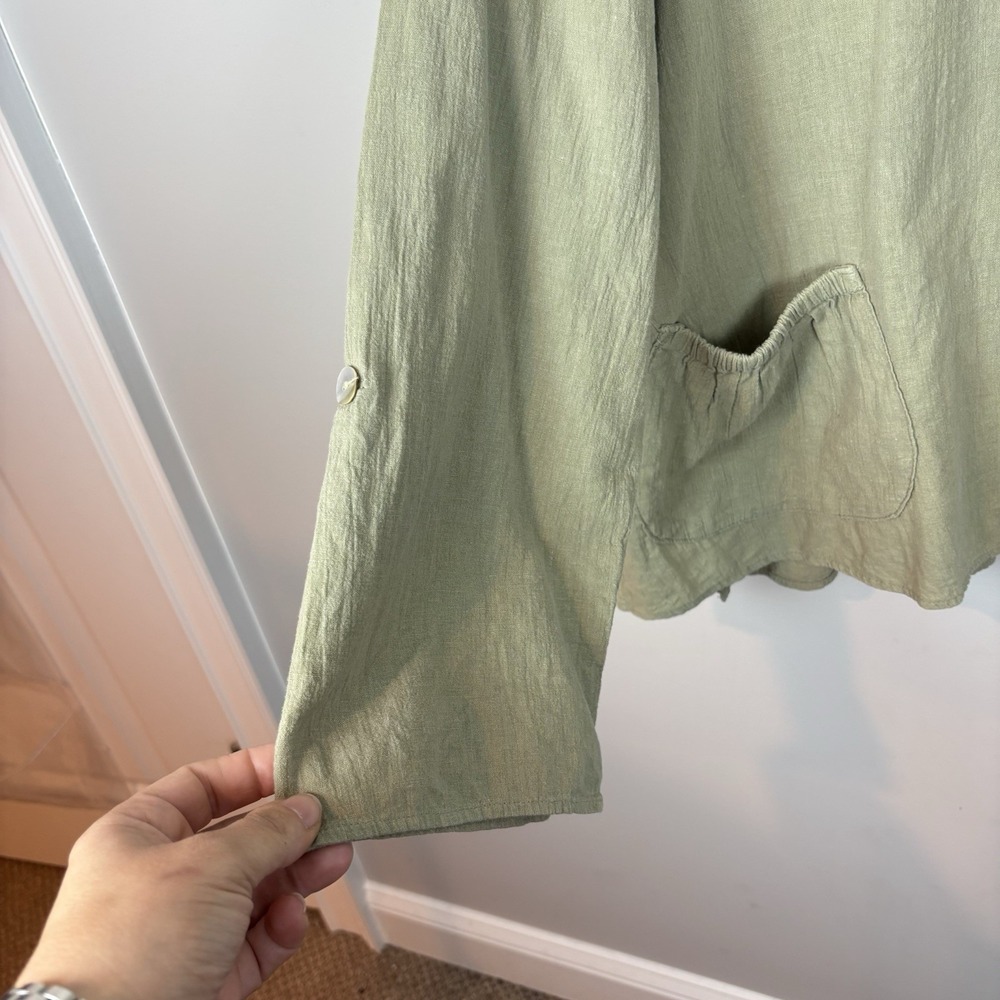 Willow‎ 100% Linen Womens Sage Green Lagenlook Top SM Boho Artsy Relaxed Fit - Picture 2 of 8